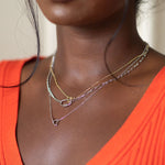 Woman wearing an orange top and layered necklaces against a neutral background