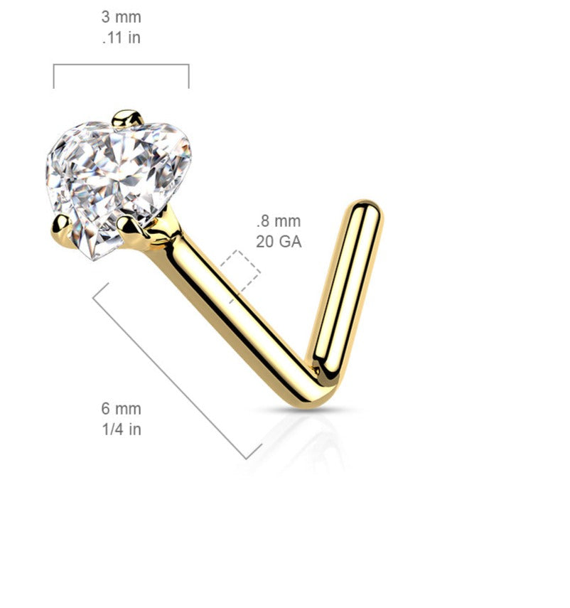 Diamond Heart L-Shape Nose Stud 14K